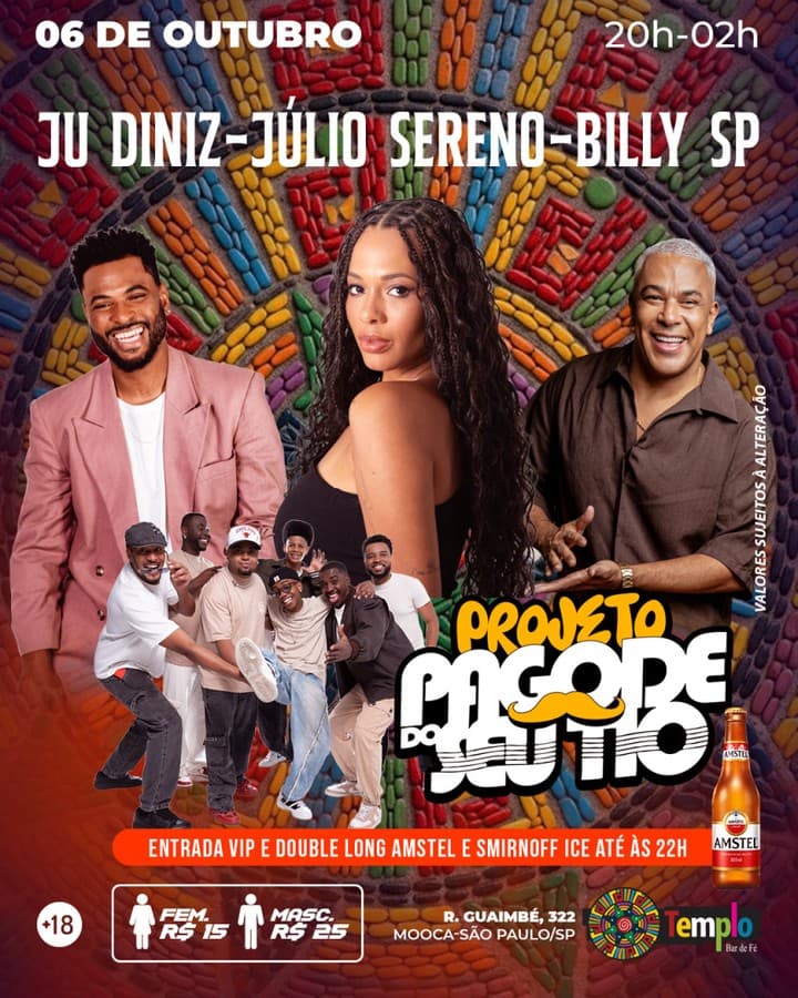 Flyer de Ju Diniz, Julio Sereno, Billy SP e mais 2 artistas