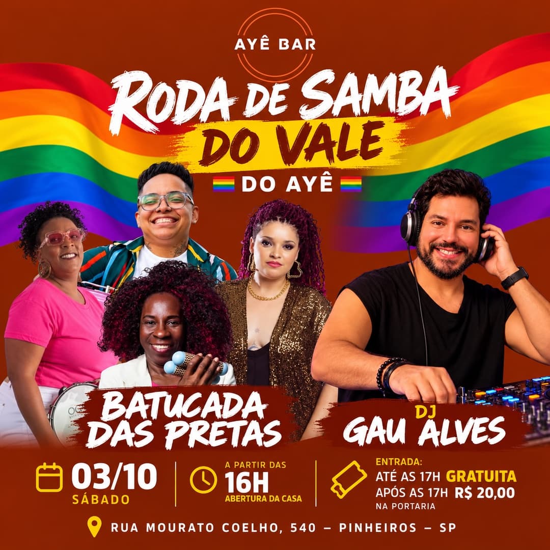 Flyer de Batucada das Pretas e DJ Gau Alves