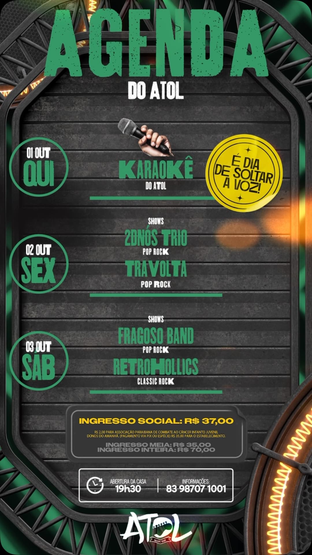 Flyer de 2dnós Trio, TRAVOLTA, FRAGOSO BAND e Retroholics