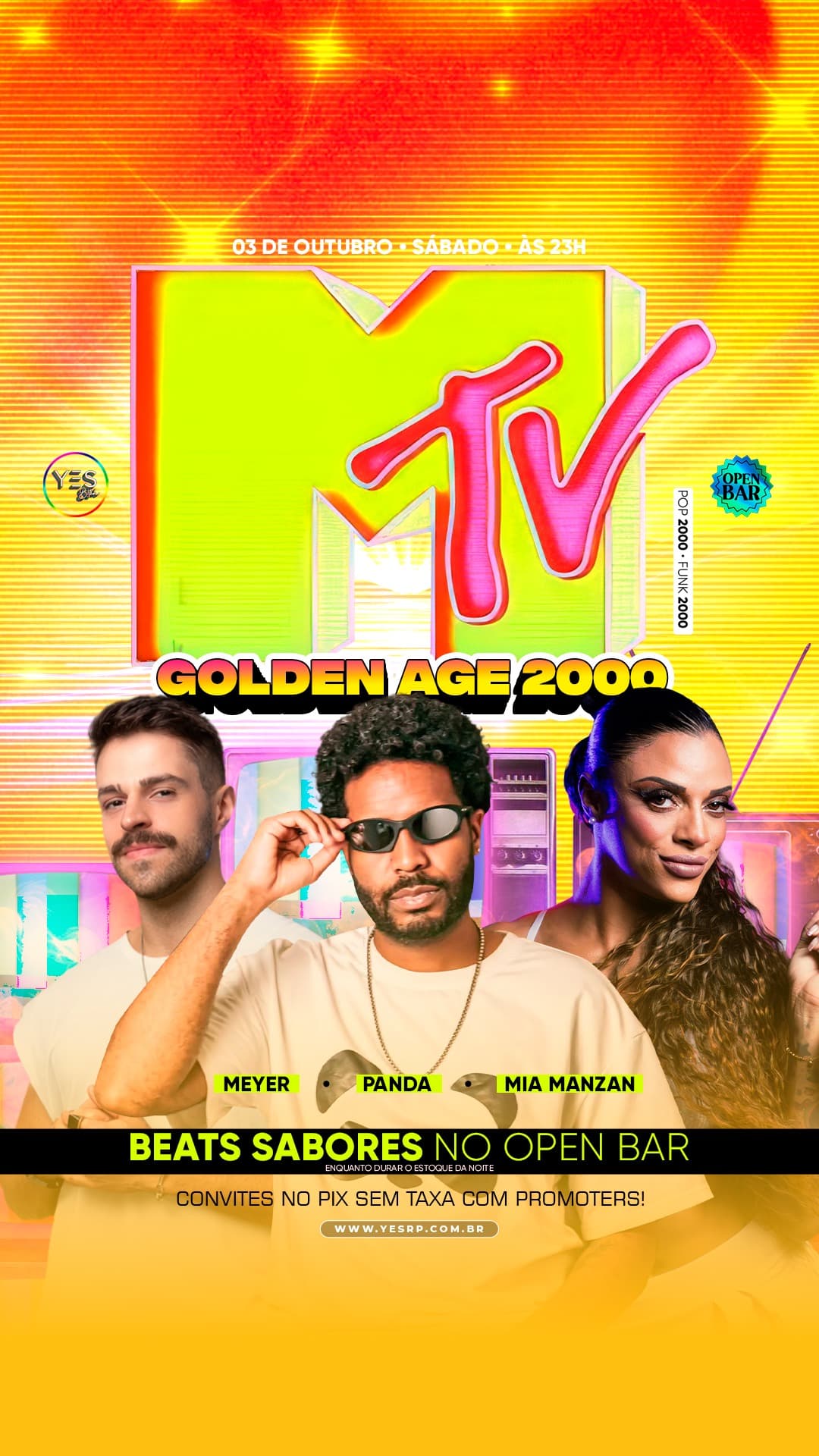 Flyer de Panda Cantor, MEYER!, Mia Manzan e MTV Golden Age 2000