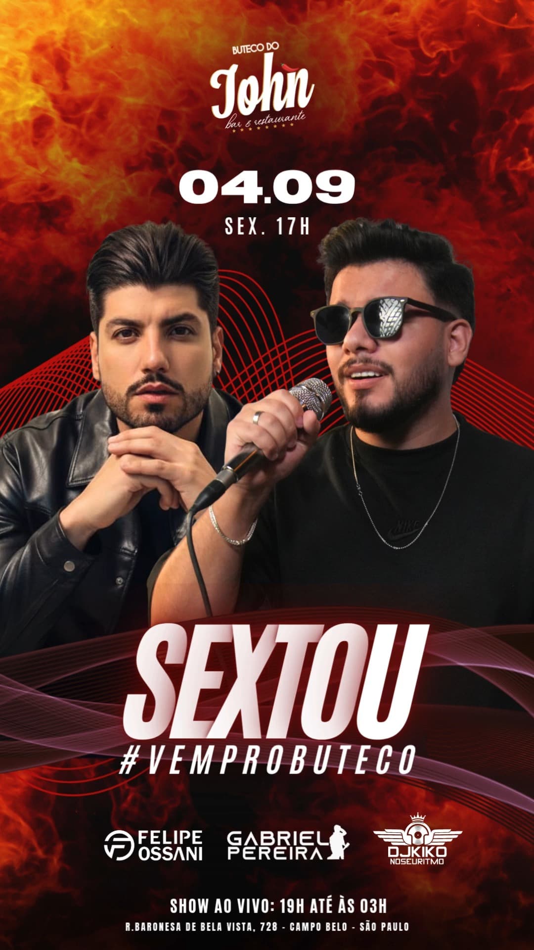 Flyer de Felipe Ossani, Gabriel Pereira e DJ Kiko