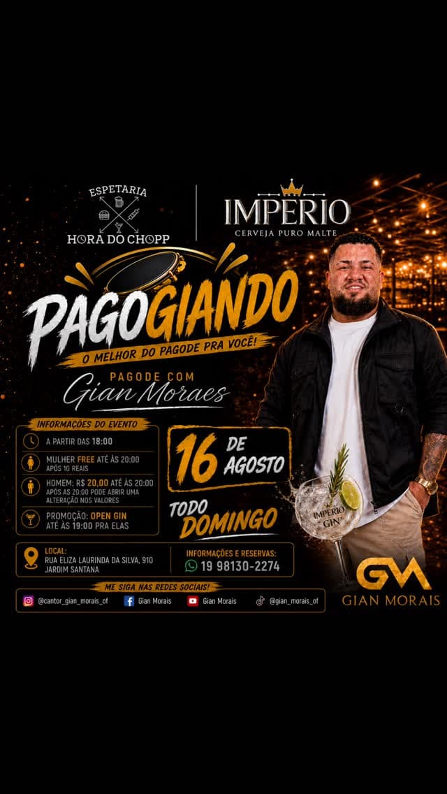 Flyer de Cantor Gian Morais, Gian Moraes e Pagodeiando