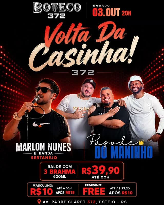 Flyer de Marlon Nunes e banda e Pagode do Maninho