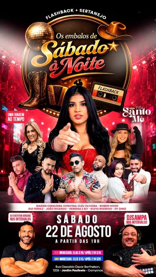 Flyer de Marien Cerqueira, Cléu Oliveira, Robin Hood, Gui Ferraz, João Ricardo, Vanessa & Ely, Silvio Rodrigo, DJ Everton Arruda e DJ Sampa
