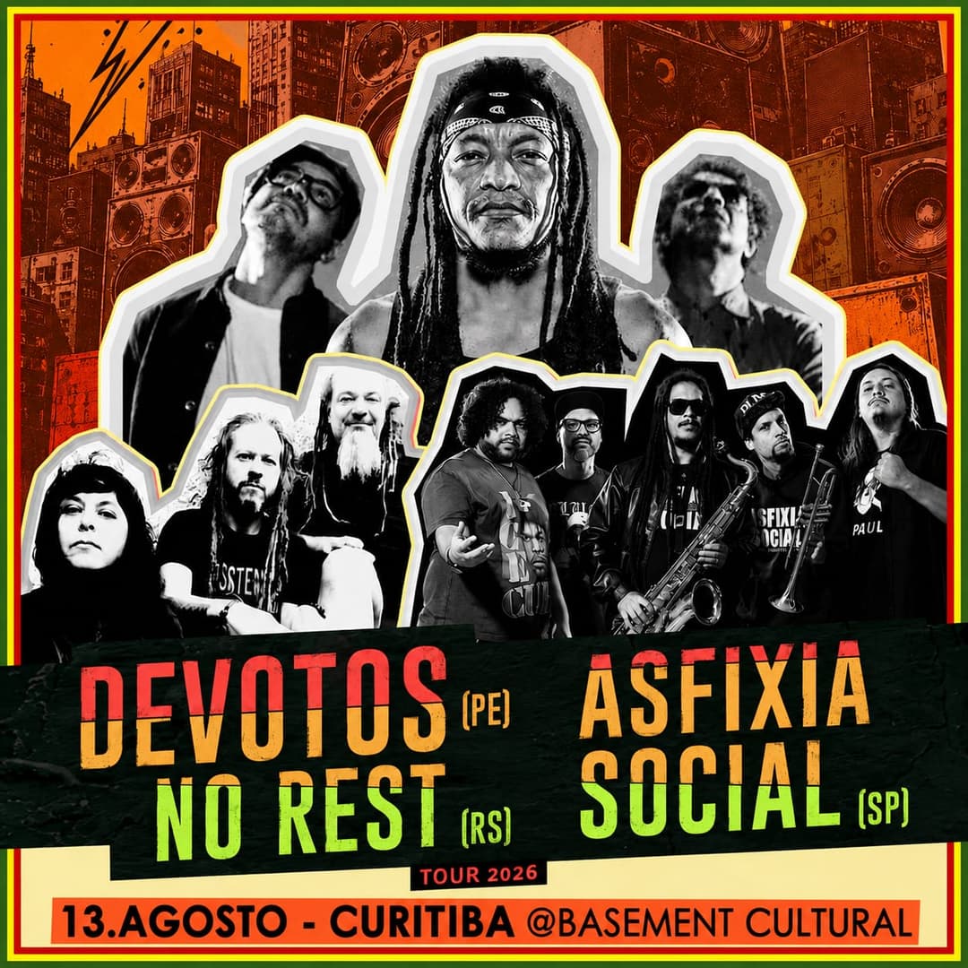 Flyer de Devotos, No Rest e Asfixia Social