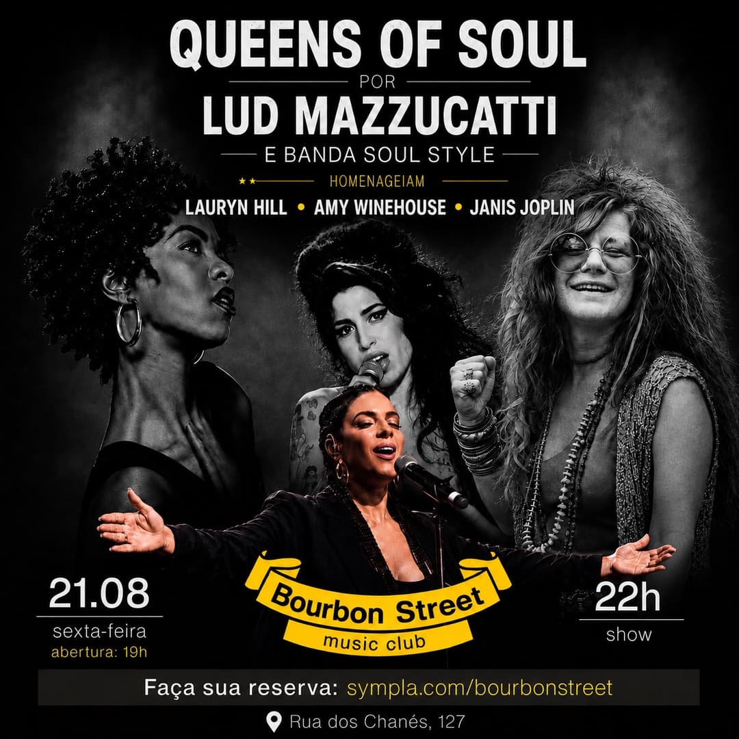 Flyer de Lud Mazzucatti, Lauryn Hill, Amy Winehouse e Janis Joplin