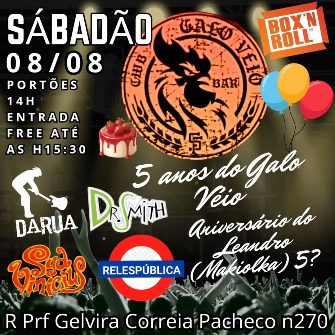 Flyer de Banda Syd Vinícius, Da Rua, Relespública e Dr Smith