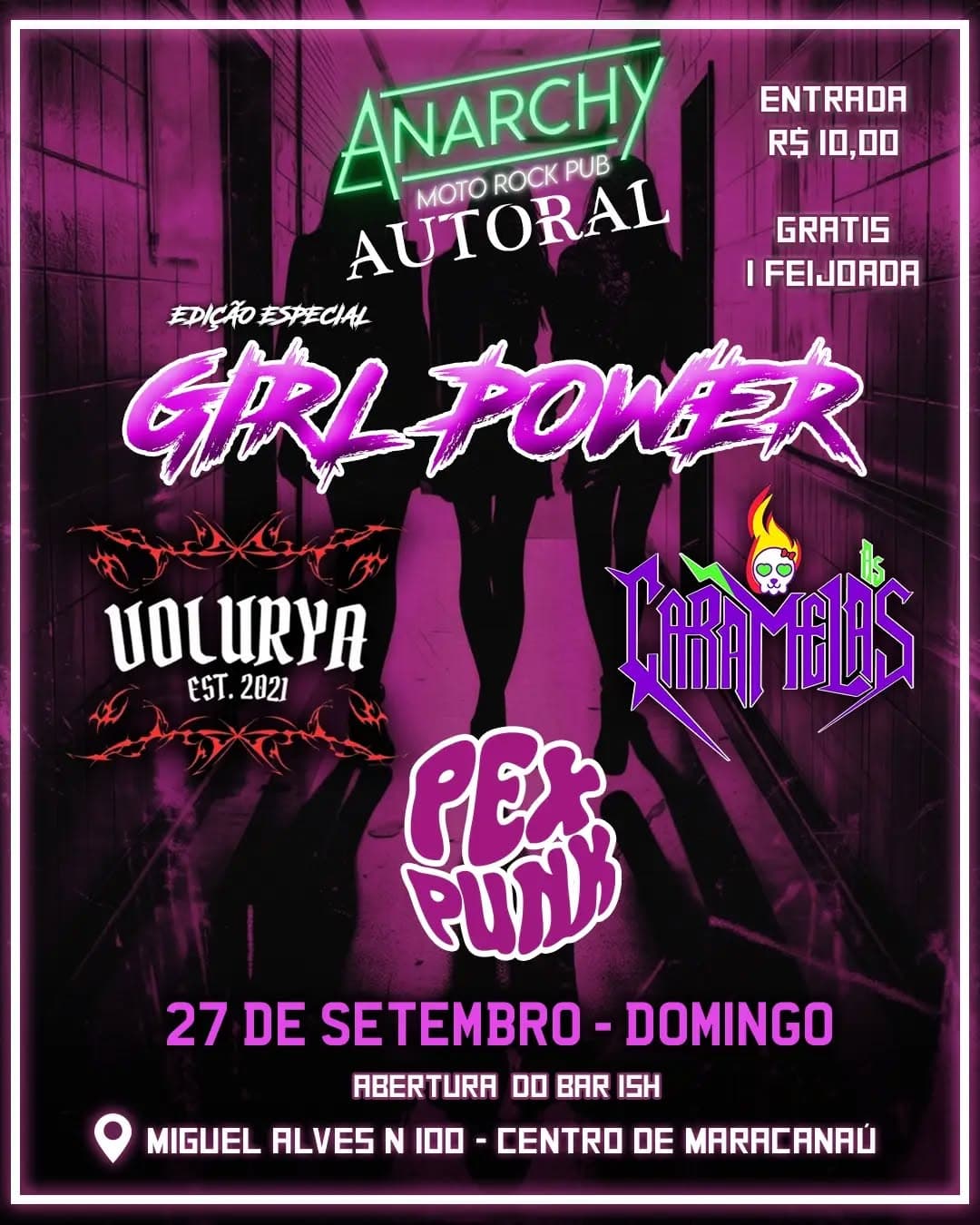 Flyer de Volurya, As Caramelas e Pex Punk