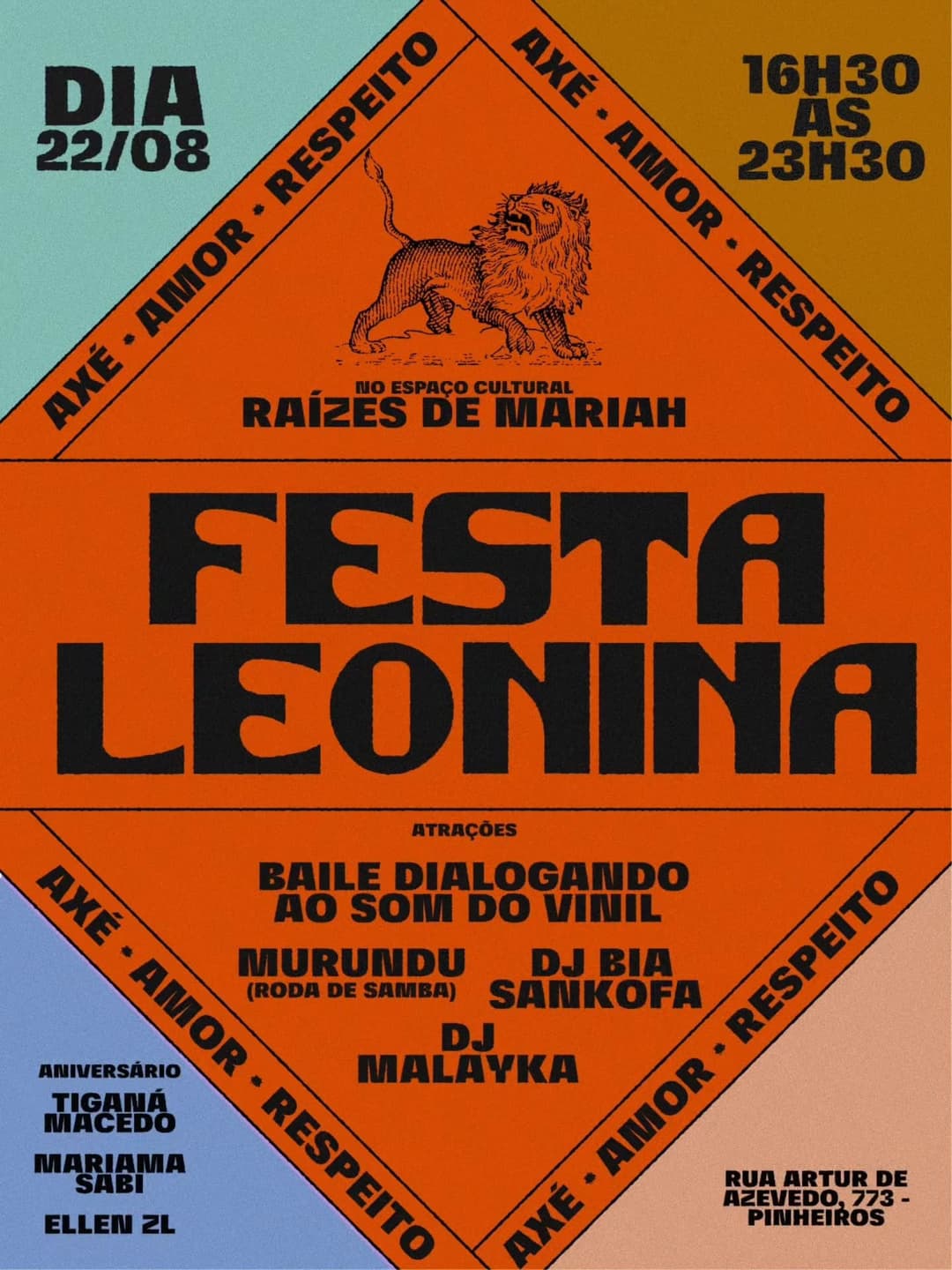 Flyer de Tiganá Macedo, Samba Murundu e DJ Bia Sankofa
