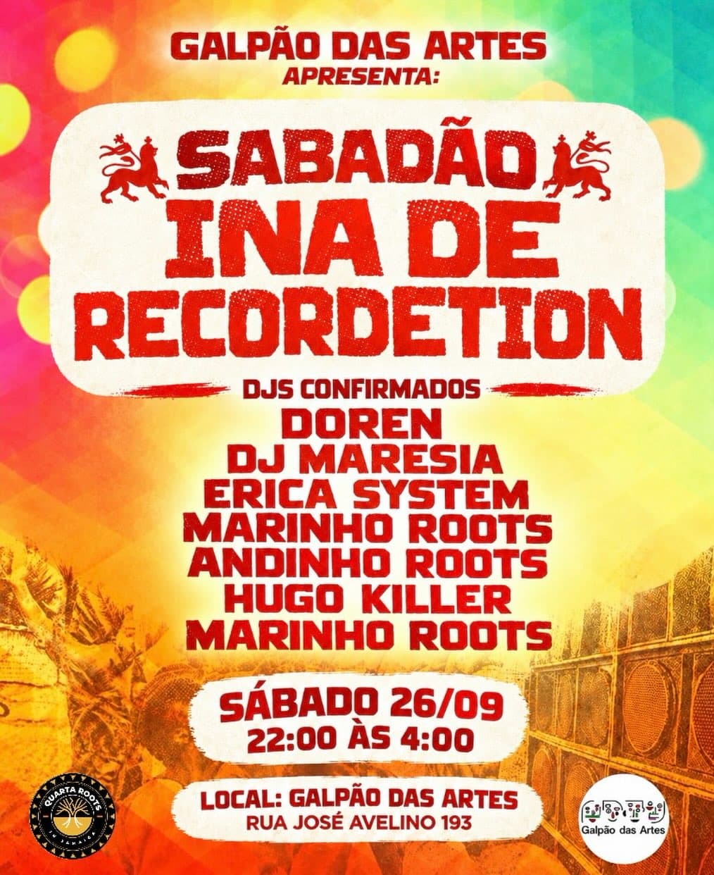 Flyer de Quarta Roots, Doren, Maresia e mais 4 artistas