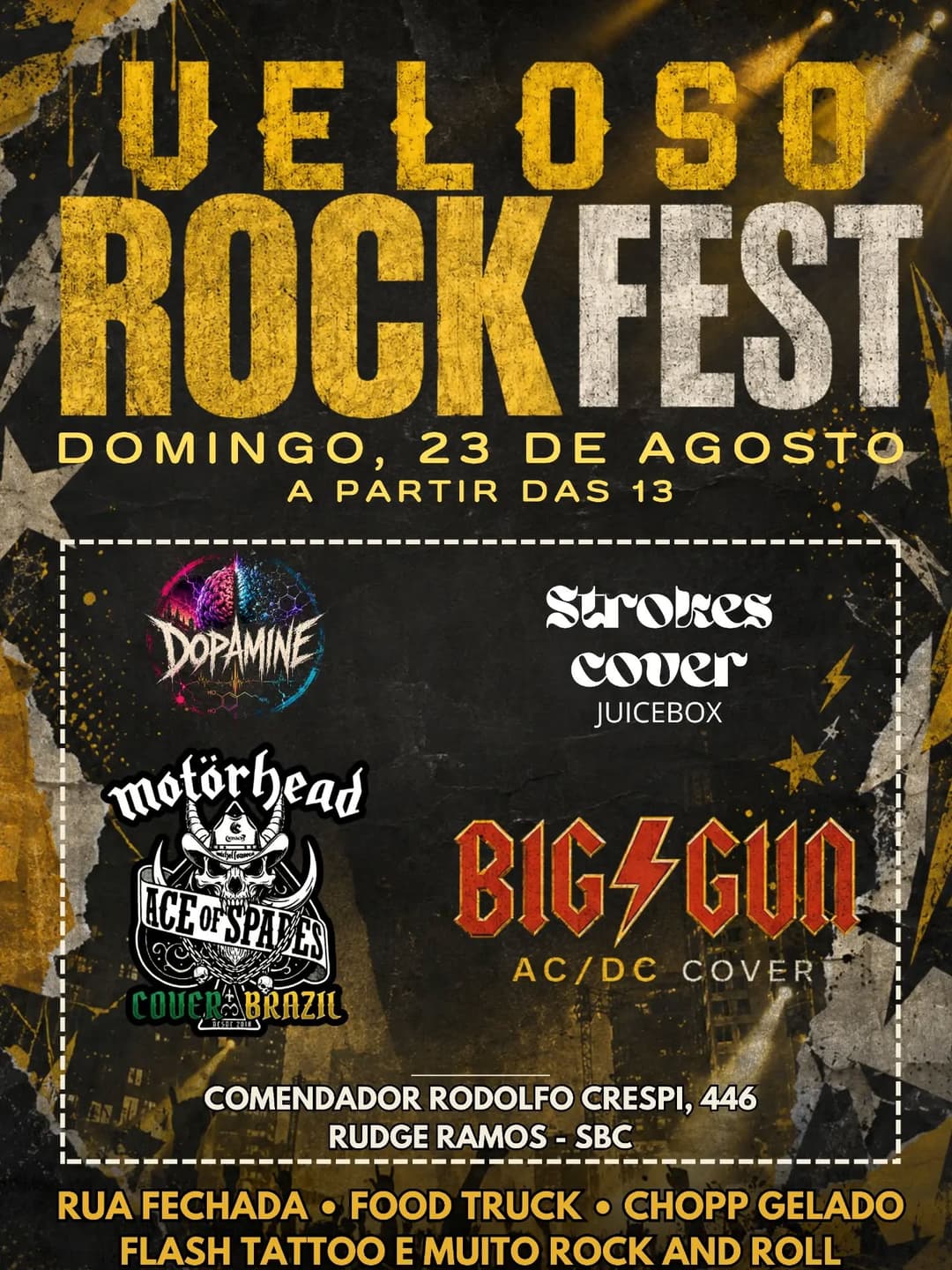 Flyer de Big/Gun, Dopamine, Strokes Cover e Motörhead Cover