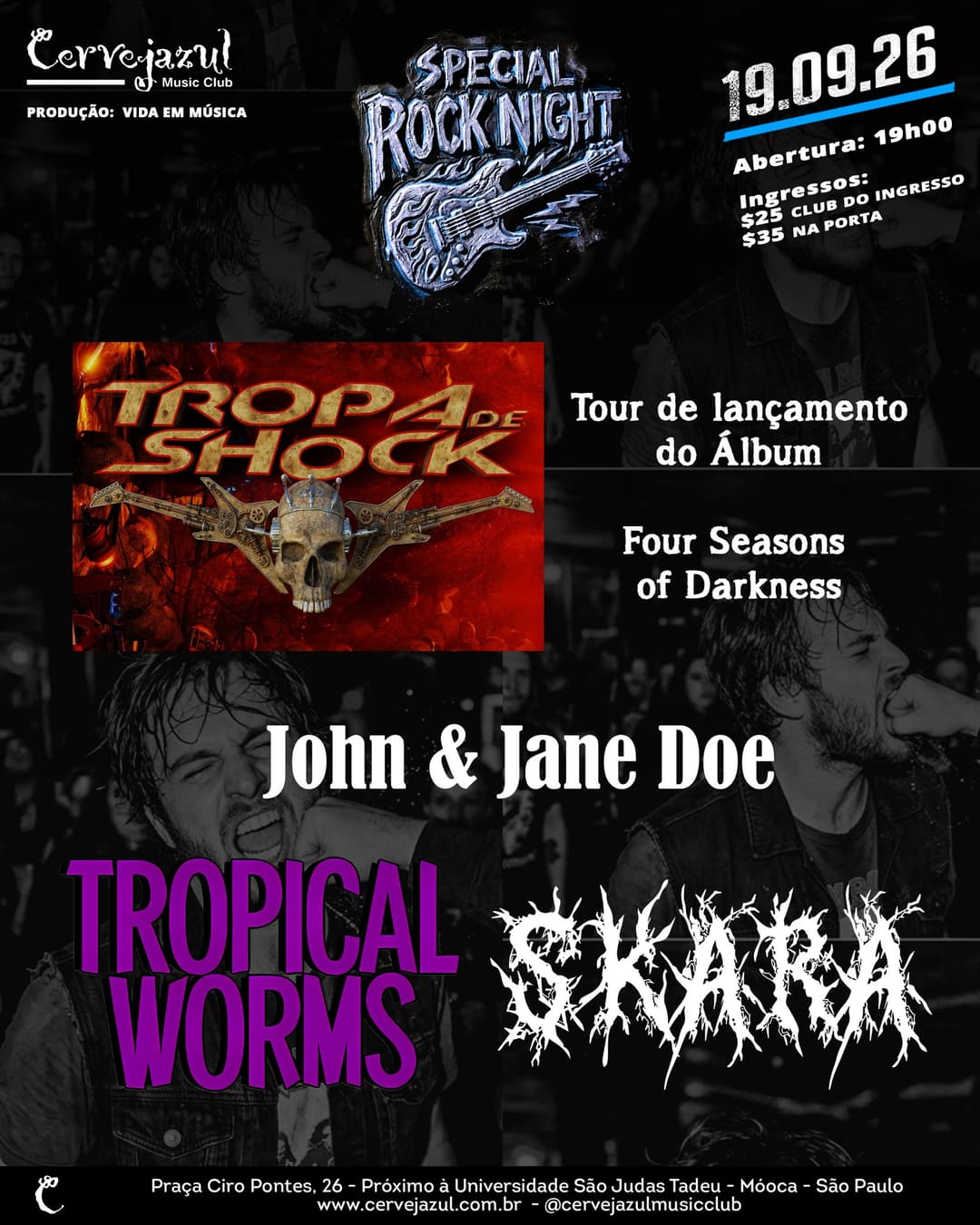 Flyer de TROPA DE SHOCK, JOHN & JANE DOE, TROPICAL WORMS e SKARA