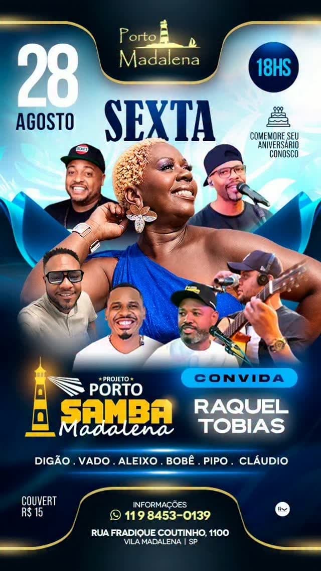 Flyer de Raquel Tobias e Projeto Porto Samba Madalena