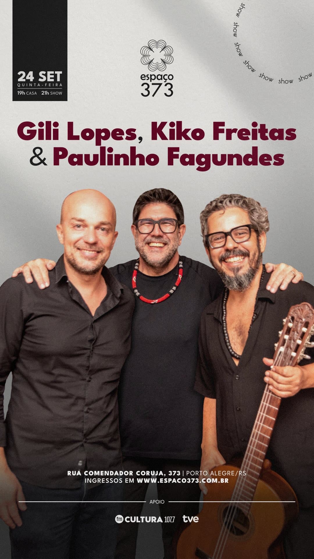 Flyer de Gili Lopes, Kiko Freitas e Paulinho Fagundes