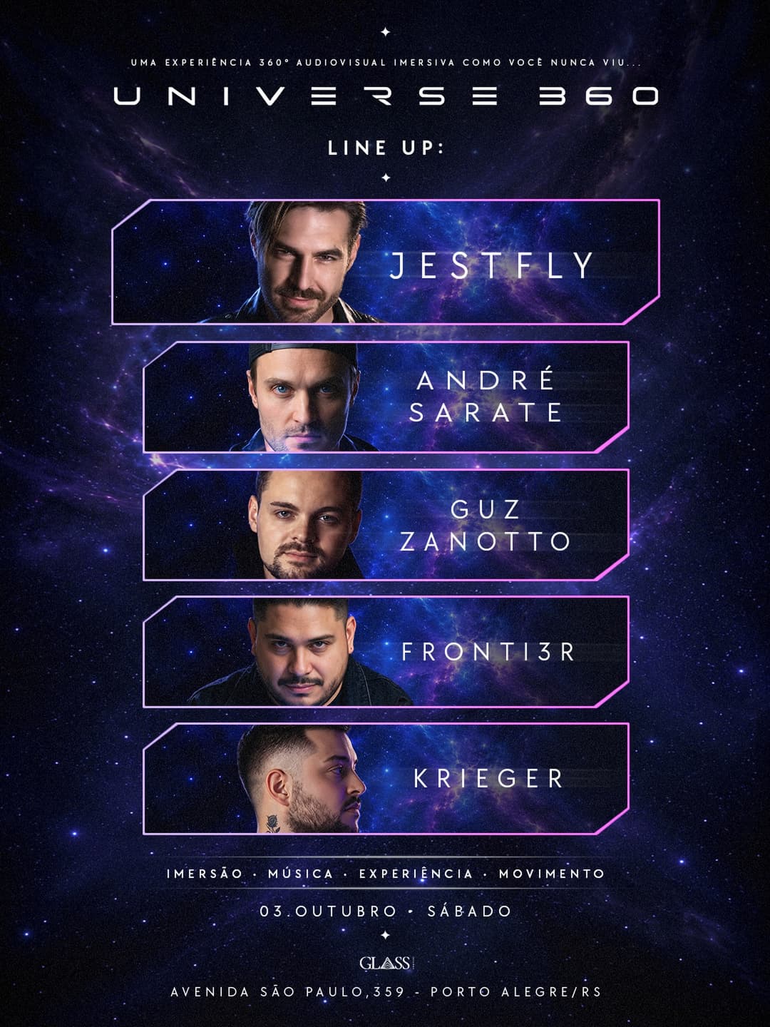 Flyer de Jestfly, Andres Arate, Guz Zanotto, Krieger e FRONTI3R