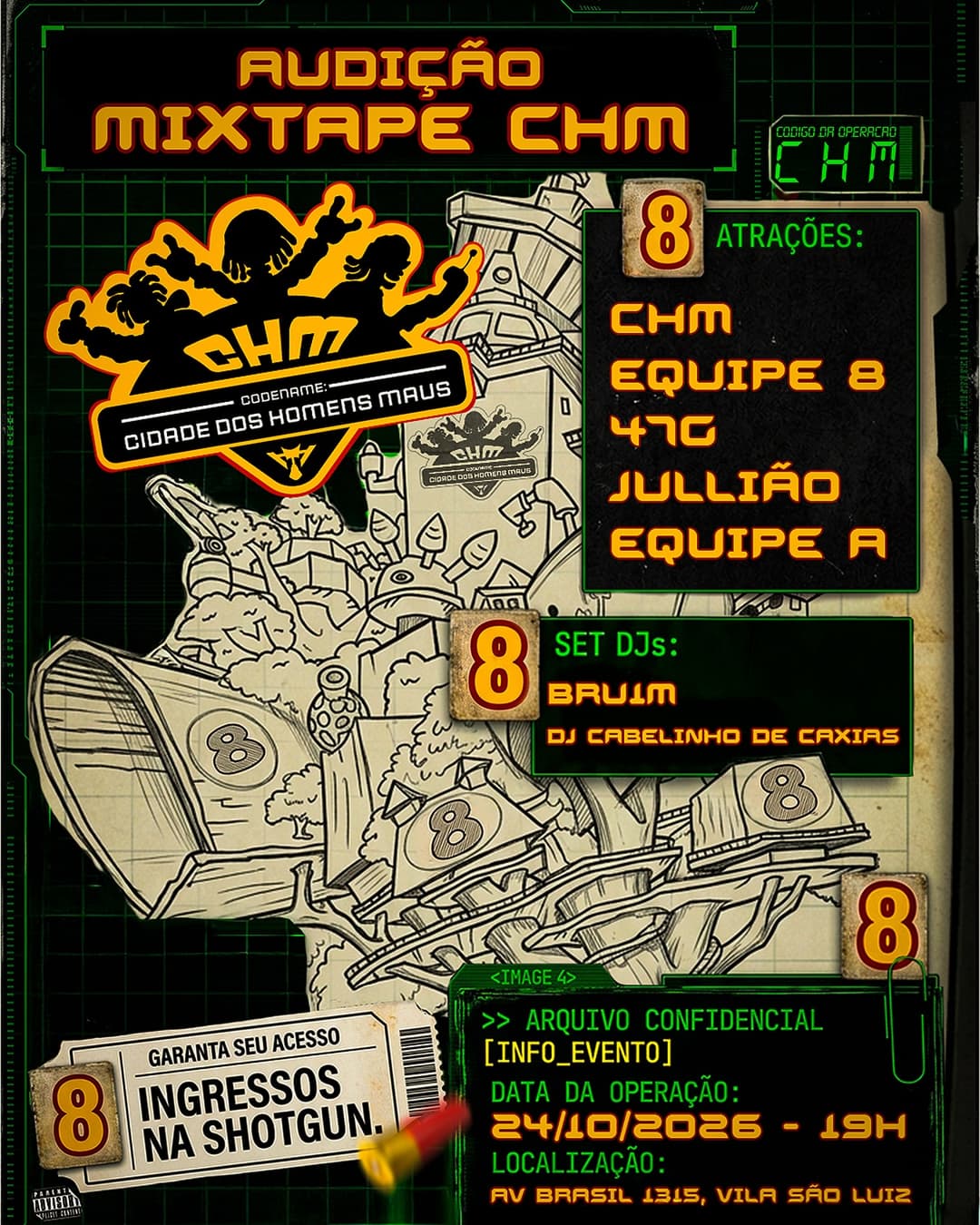 Flyer de CHM, Lucas Brum, Equipe 8, 47G e mais 3 artistas