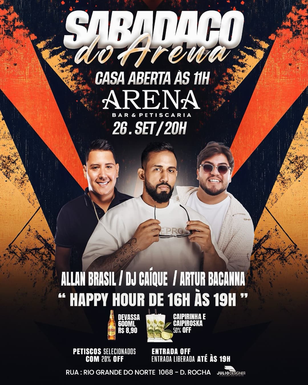 Flyer de Allan Brasil, DJ Caíque e Artur Bacanna