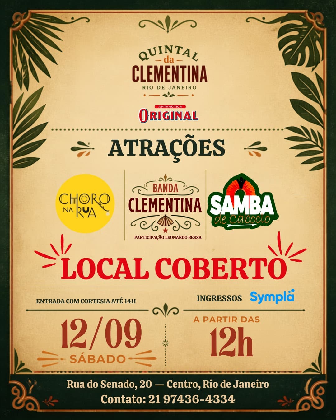 Flyer de Choro na Rua, Banda Clementina e Samba de Caboclo