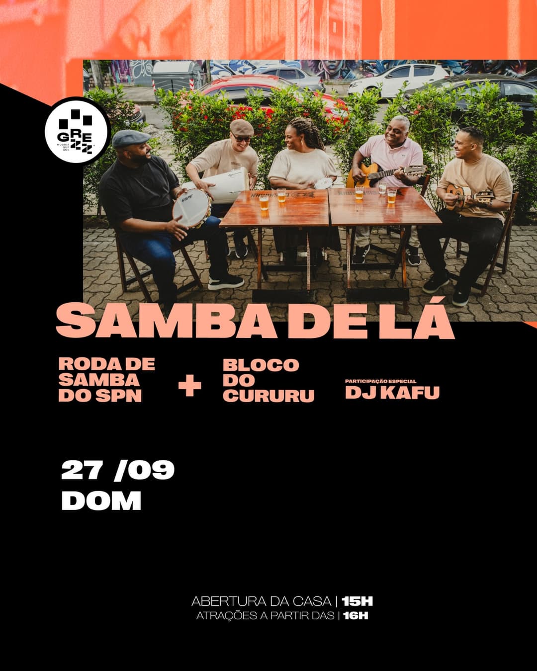 Flyer de SPN, Samba Pra Namorar, Bloco do Cururu e DJ KAFU
