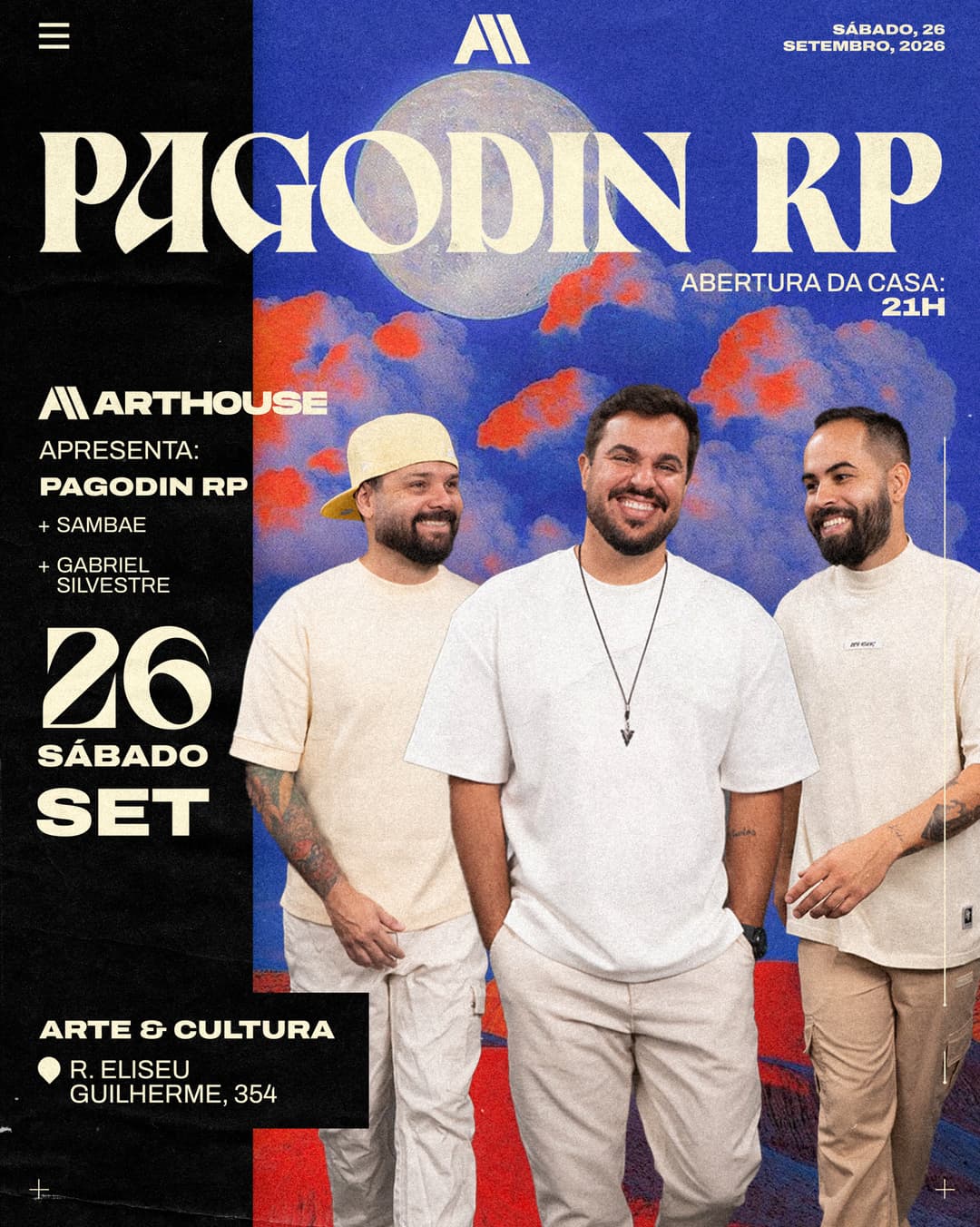 Flyer de Sambaê, Pagodinho RP e Gabriel Silvestre