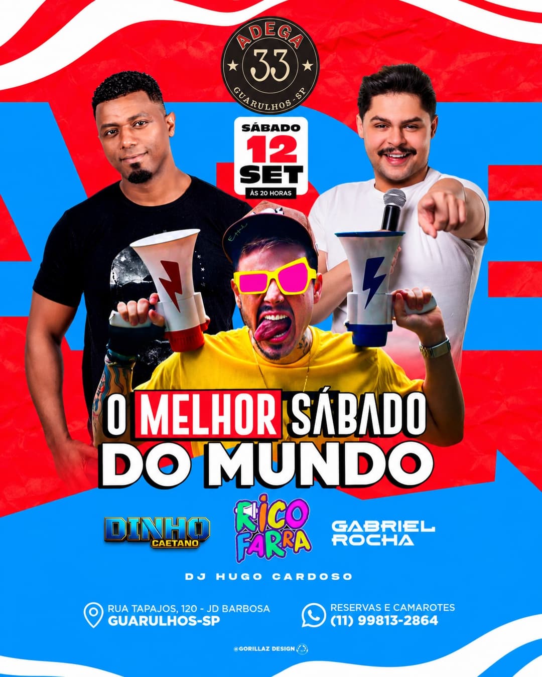 Flyer de Gabriel Rocha, Dinho Caetano e Rico Henrique