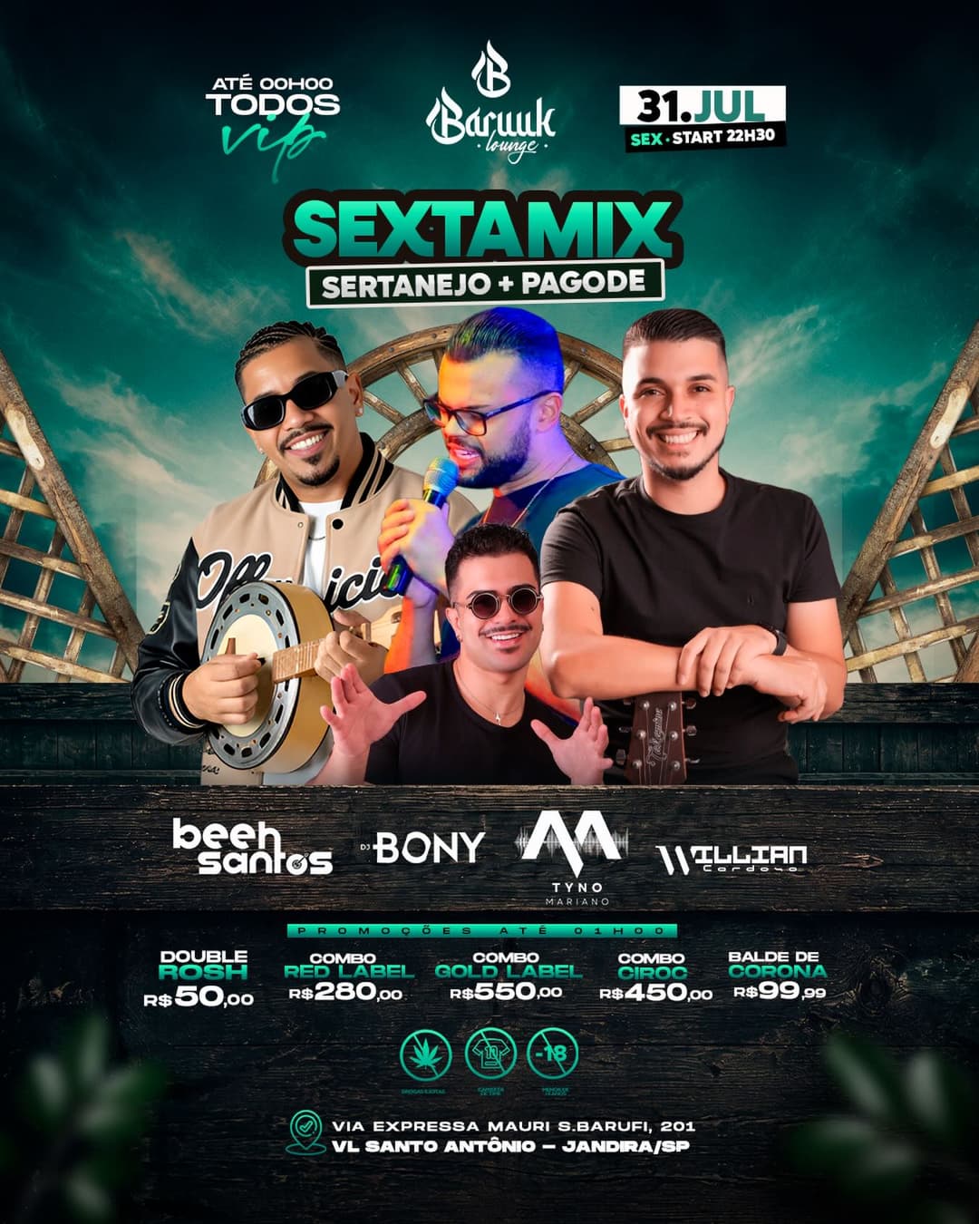 Flyer de Tyno Mariano, Willian Cardoso, Beeh Santos e DJ Bony