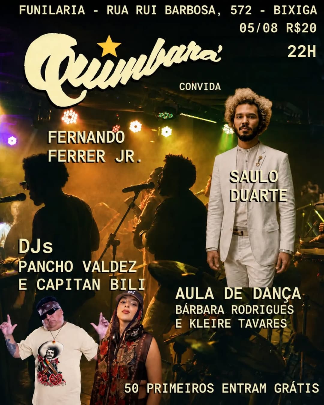 Flyer de Quimbará, Fernando Ferrer Jr., Celina e mais 2 artistas