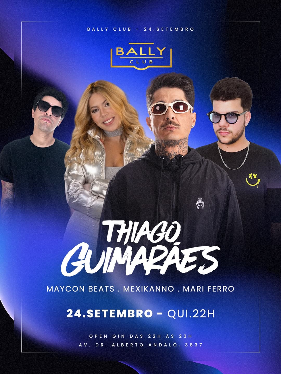 Flyer de Thiago Guimarães, Maycon Beats, Mexikanno e Mari Ferro