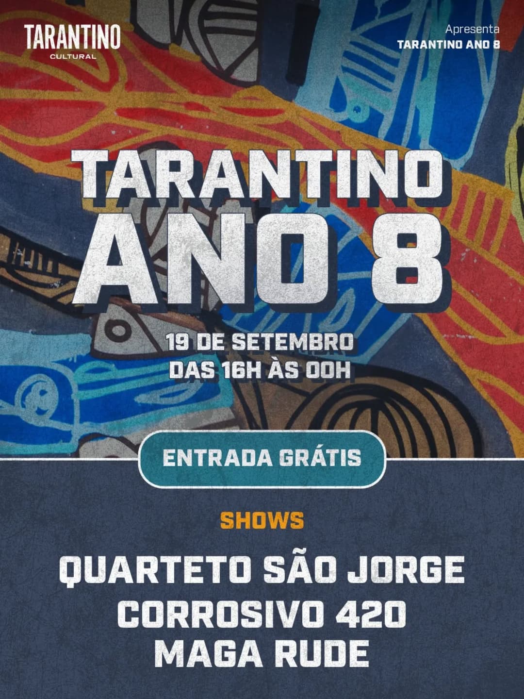 Flyer de Quarteto São Jorge, Magarude, Ju Salty, Corrosivo 420, Natja Kovac, Vitor Costa e DJ Louiz