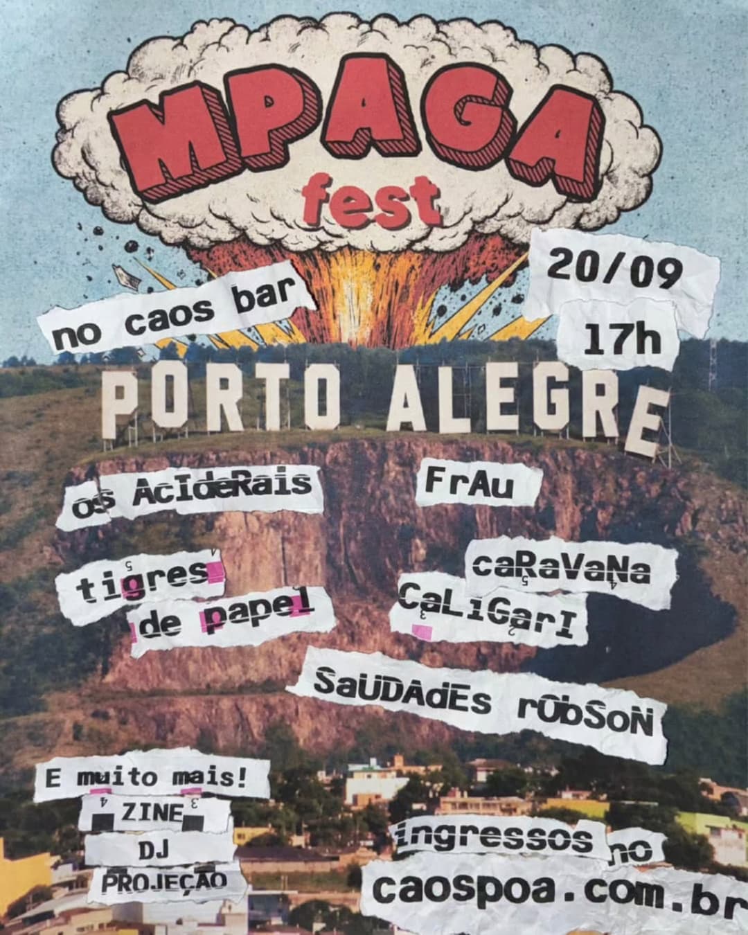 Flyer de Os Aciderais, Tigres de Papel, Frau e mais 3 artistas