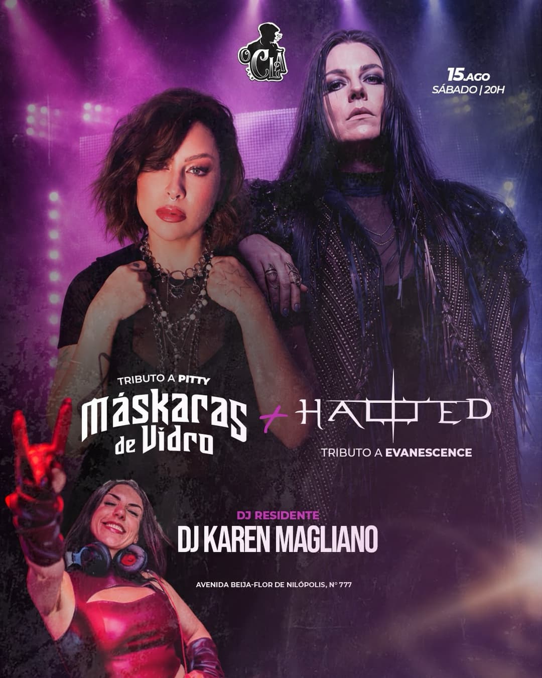 Flyer de Hallted, Máscaras de Vidro e DJ Karen Magliane