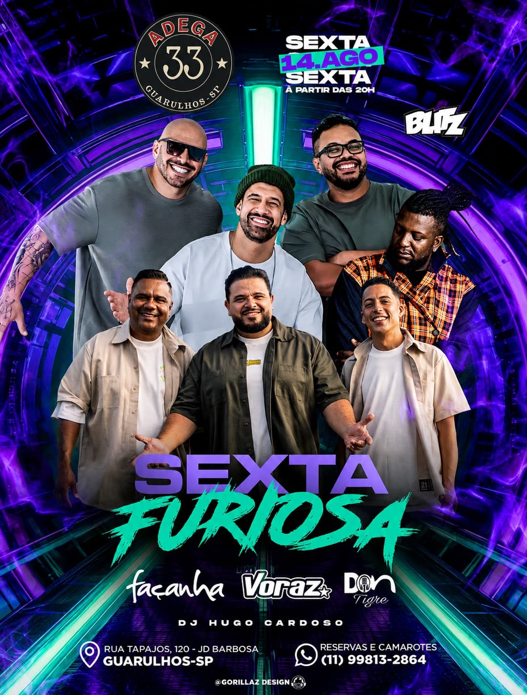 Flyer de Grupo Façanha, Voraz, Don Tigre e DJ Hugo Cardoso