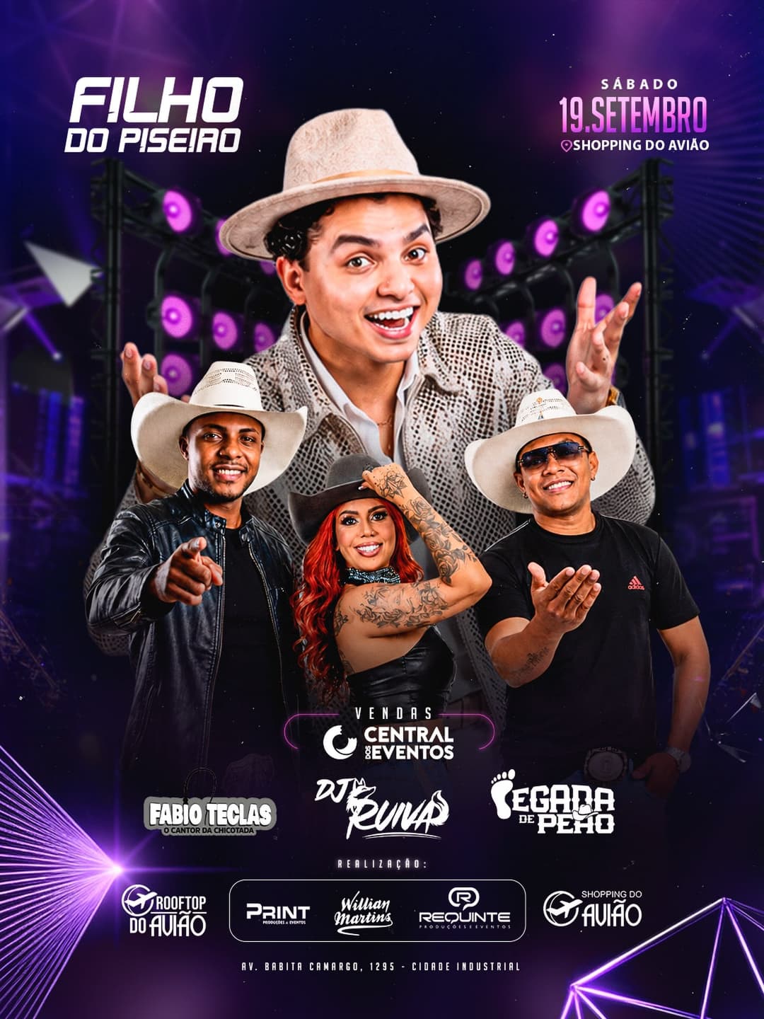 Flyer de Filho do Piseiro, Fábio Teclas, DJ Bruna e Pegada de Peão