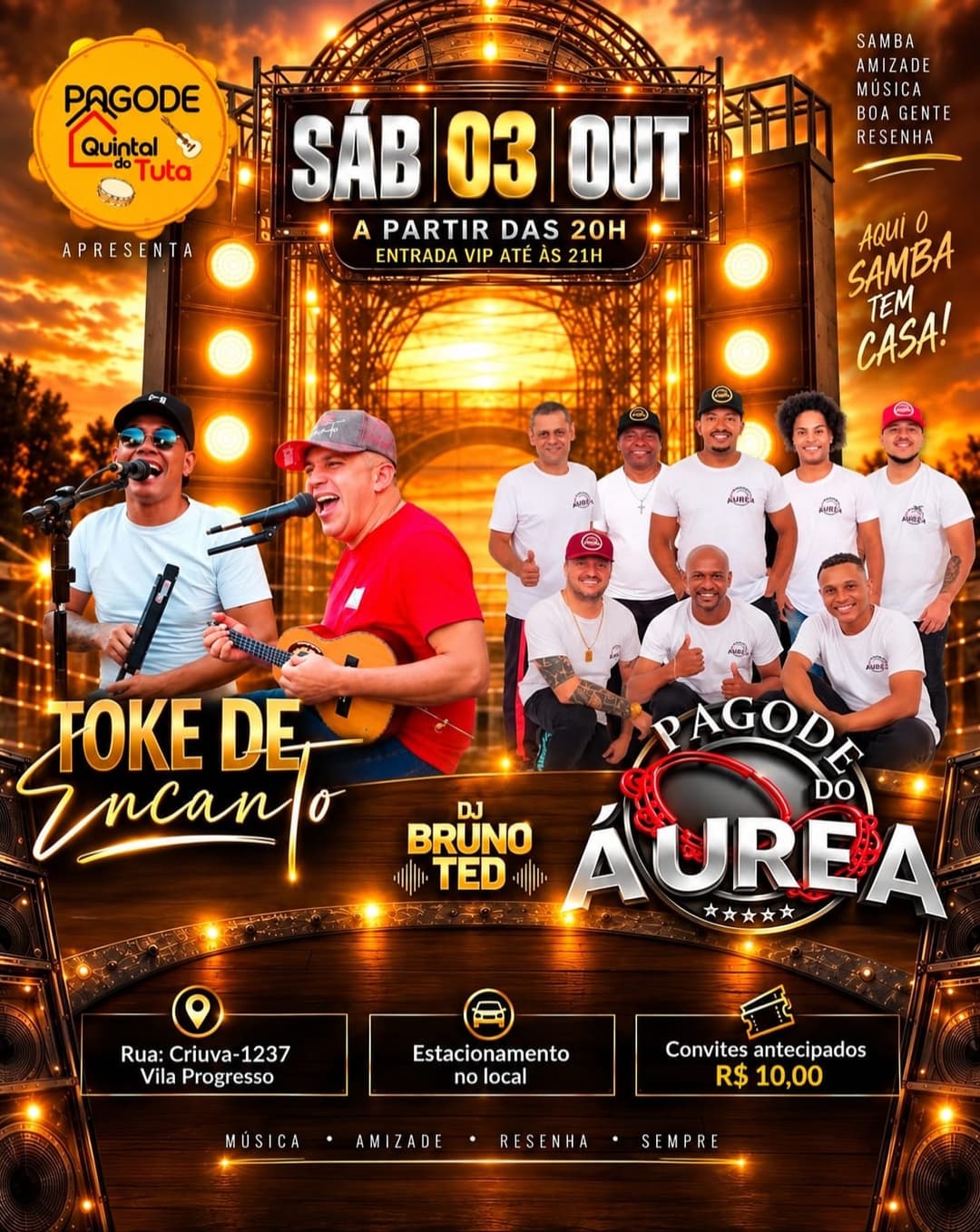 Flyer de Toke de Encanto, Pagode do Áurea Oficial e DJ Brunoted