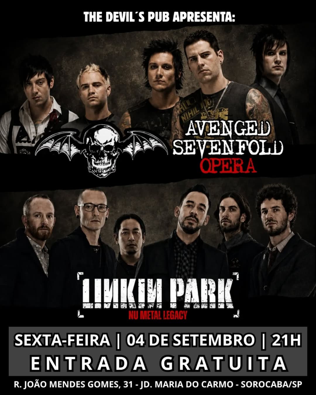 Flyer de Avenged Sevenfold Opera e Nu Metal Legacy