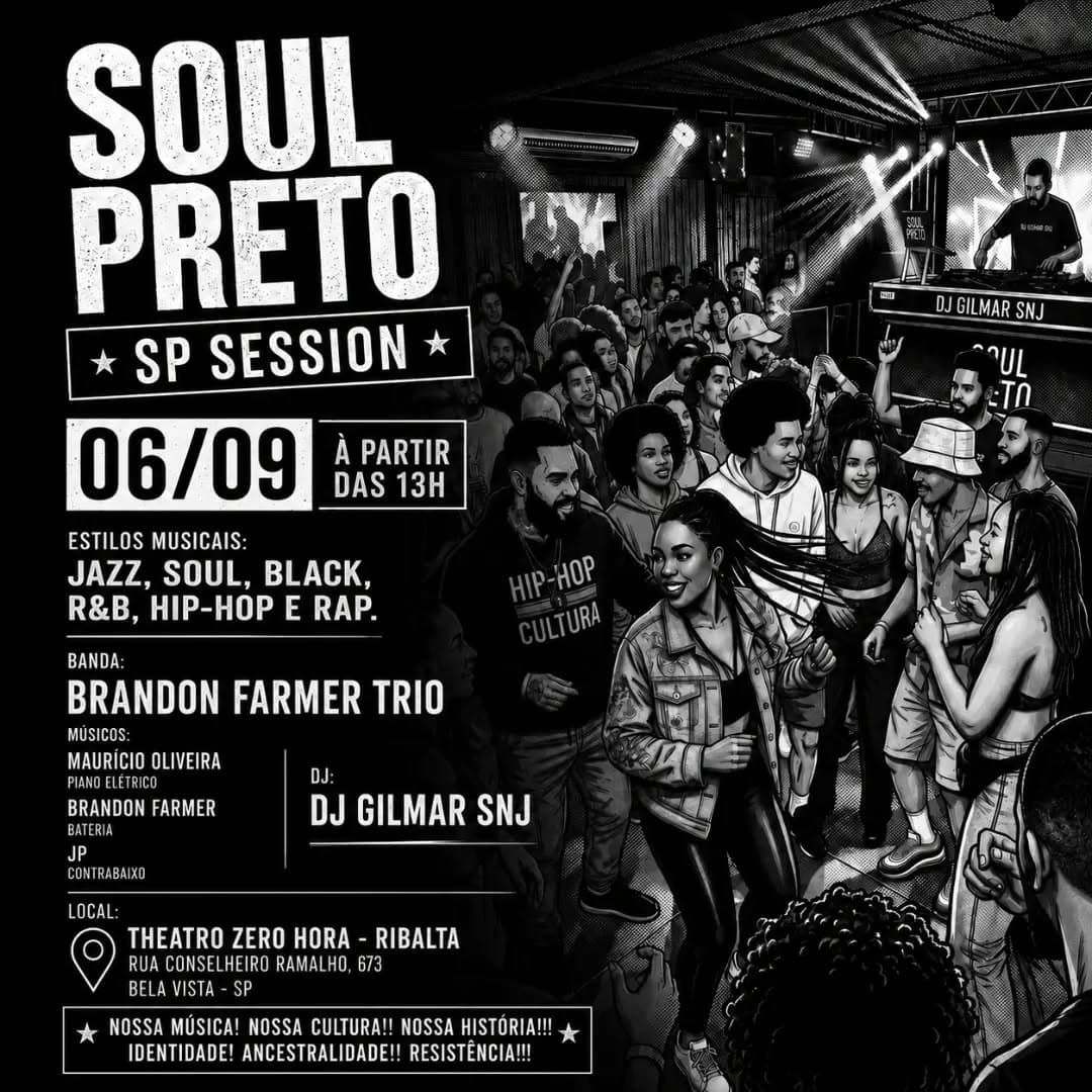 Flyer de JP Bass, Brandon Farmer Trio e DJ Gilmar