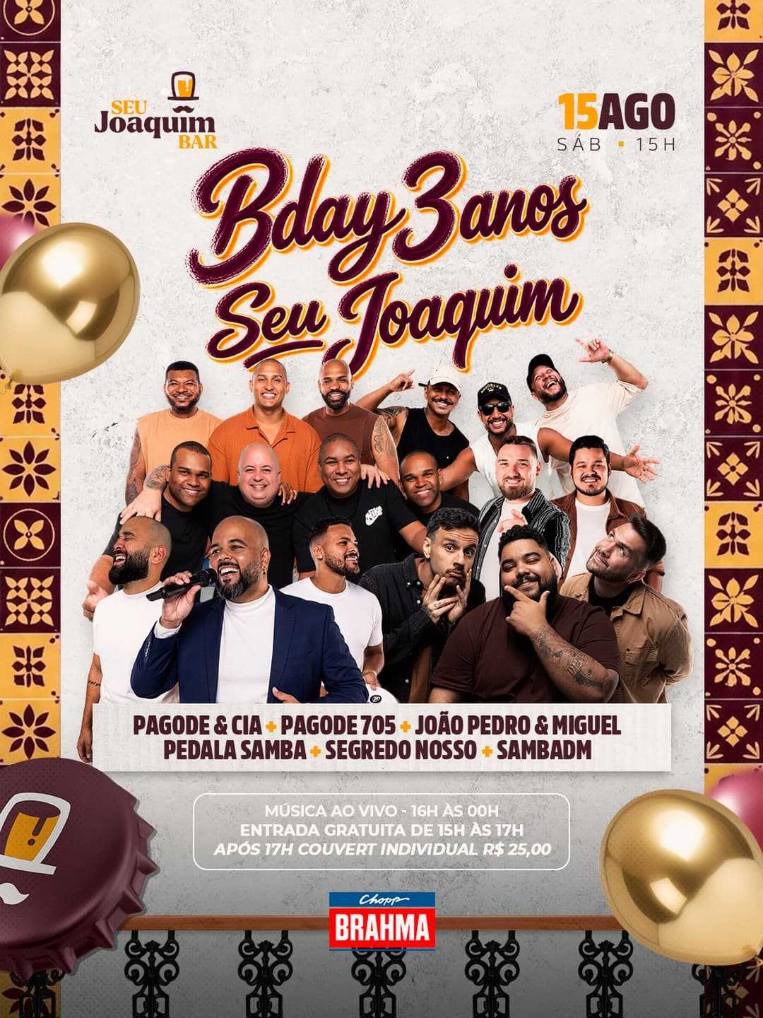Flyer de Grupo Segredo Nosso, Grupo 705, Pagode e cia, Sambadm, Pedala Samba e João Pedro e Miguel