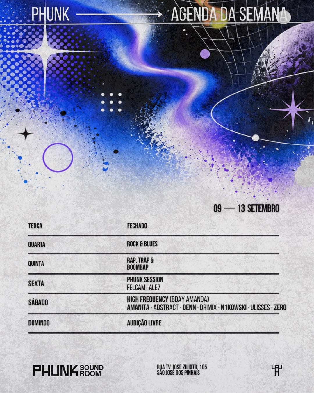 Flyer de Zero, AMANITA, ABSTRACT, DENN, DRIMIX e mais 2 artistas
