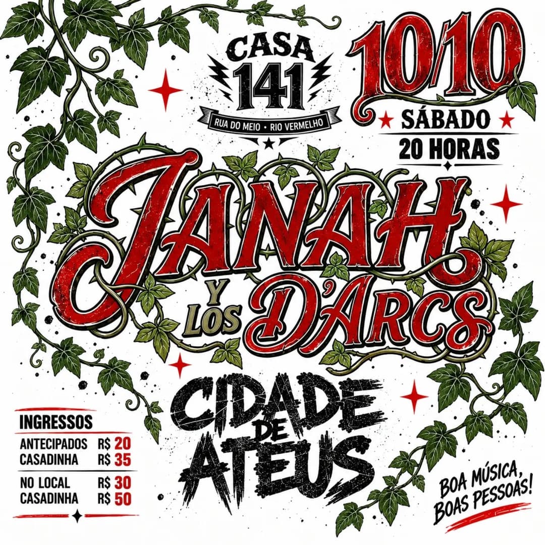 Flyer de Janah y Los D'Arcs e Cidade de Ateus