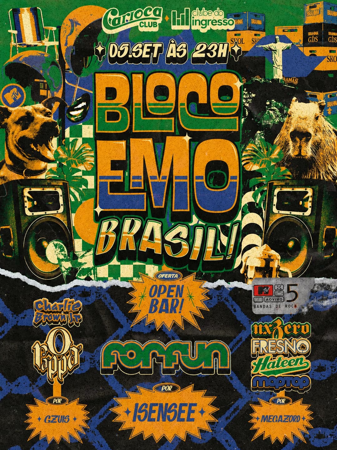 Flyer de Bloco Emo, Tributo ao Forfun + Vitor Isensee, Especial MTV 5 Bandas e Especial Charlie Brown Jr. & O Rappa