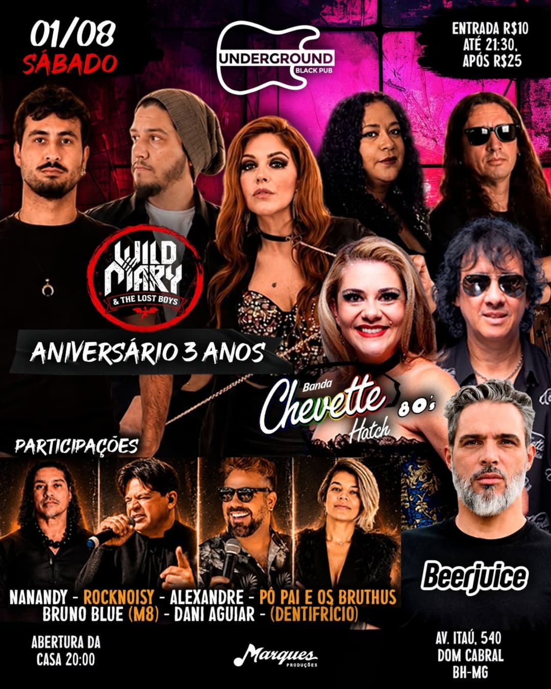 Flyer de Banda Chevette Hatch, Beer Juice, Vinil, Mary Pops e Wild Mary & The Lost Boys