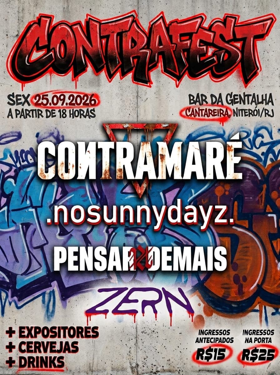 Flyer de Contramaré, No Sunny Dayz, Pensar Demais e Banda Zern