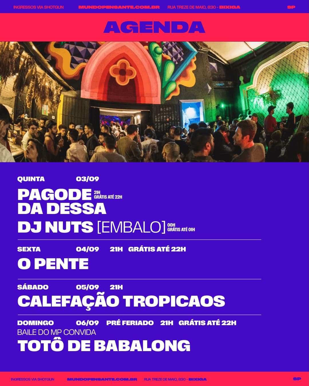 Flyer de Rebecca Costa, Baile do MP e mais 3 artistas
