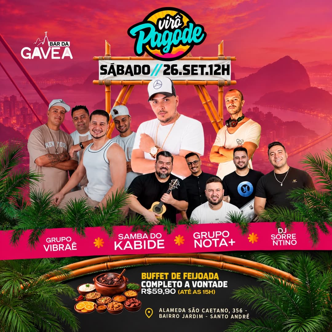Flyer de Rafa Kabide, Grupo Vibraê, Grupo Nota+ e DJ Sorrentino