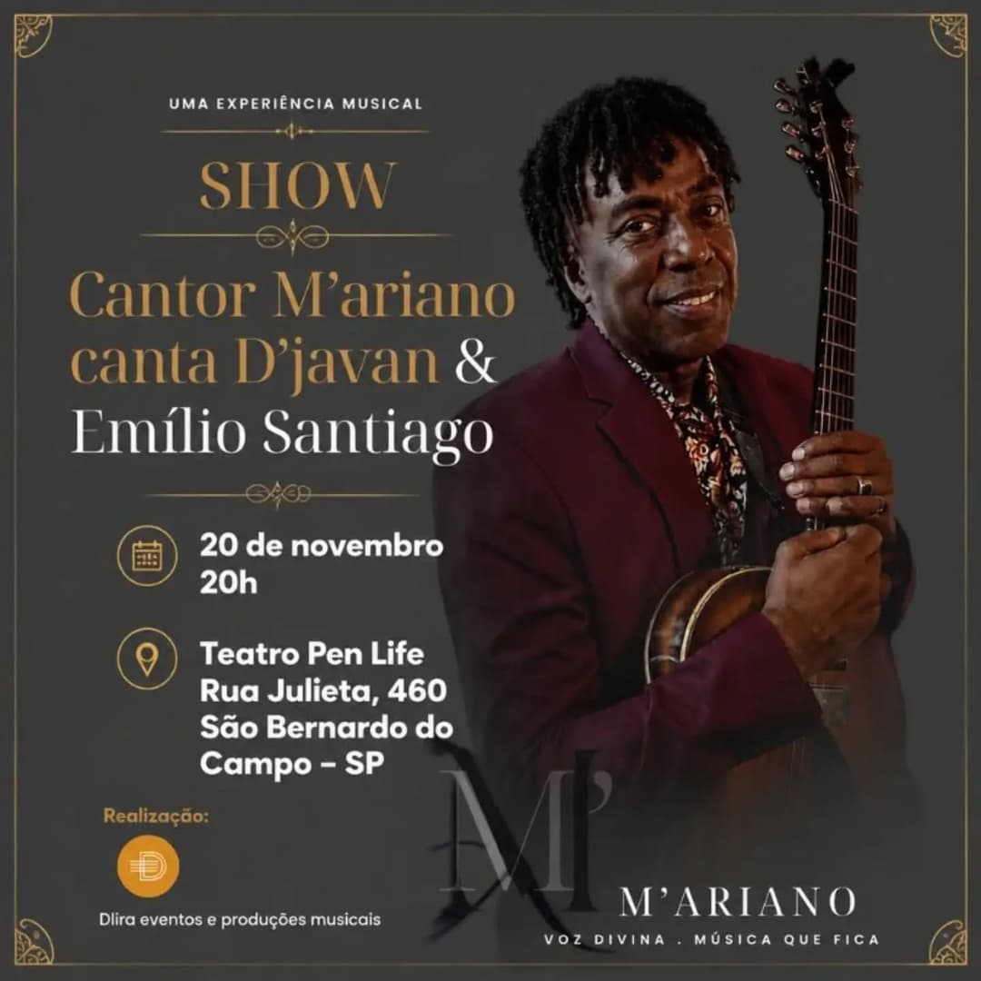 Flyer de Cantor M'ariano canta Djavan & Emílio Santiago