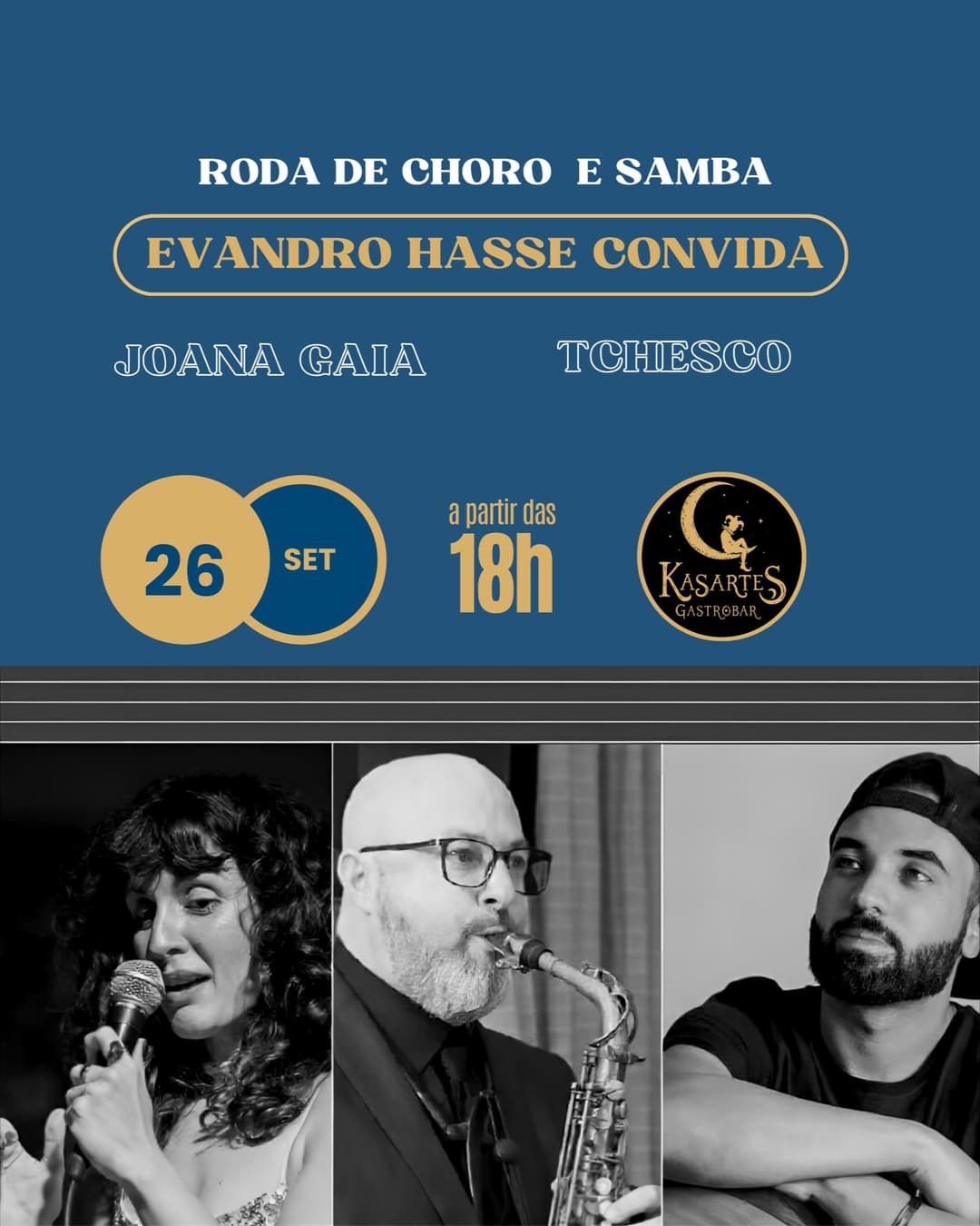 Flyer de Evandro Hasse, Joana Gaia e Tchesco