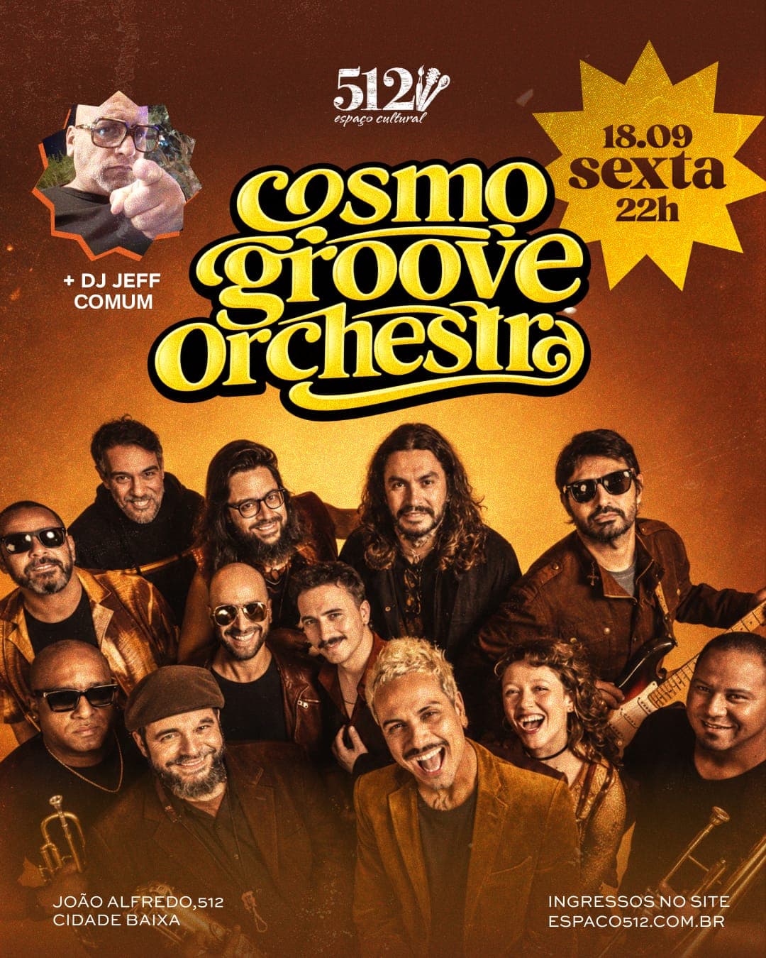 Flyer de Cosmo Groove Orchestra e DJ Jeff Comum