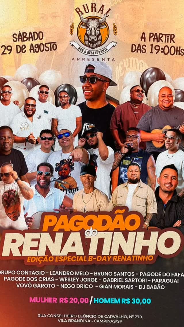 Flyer de Bruno Santos, Grupo Contagio, Leandro Melo, Pagode do Fafa, Pagode dos Crias, Wesley Jorge, Gabriel Sartori, Paraguai, Vovô Garoto, Nego Drico, Gian Morais e DJ Babão