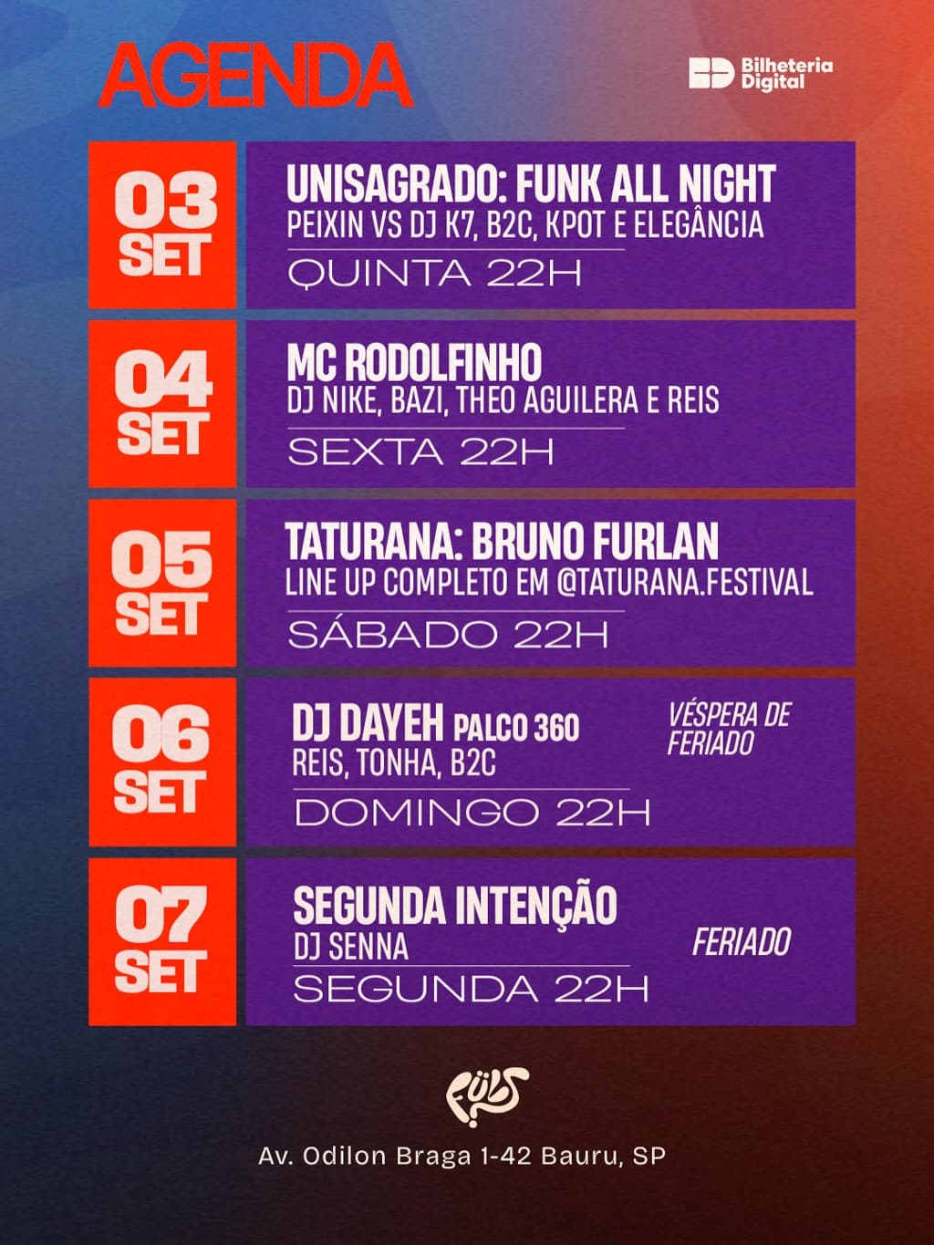 Flyer de Unisagrado, Funk All Night, Peixin e mais 4 artistas
