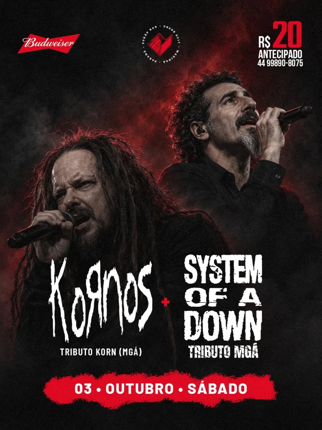 Flyer de Kornos e System of a Down Tributo MGÁ